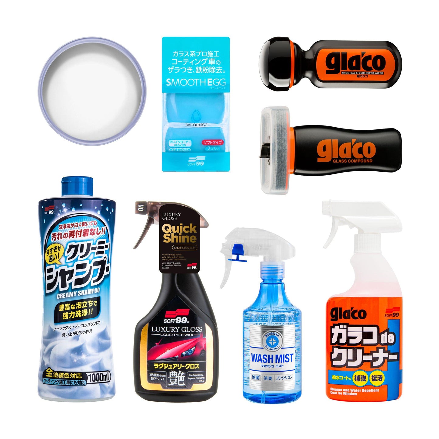 Kit Full Protección Soft99 con 8 productos: cera, shampoo, clay bar y selladores para detailing completo.