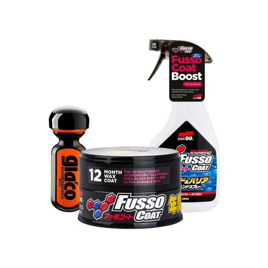 Kit de Protección Soft99 para Autos Oscuros: Fusso Coat 12 Months, Speed & Barrier y Glaco DX.