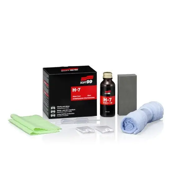 Kit completo de Sellador Cerámico H-7 Soft99 50ml con esponja y paño de aplicación.