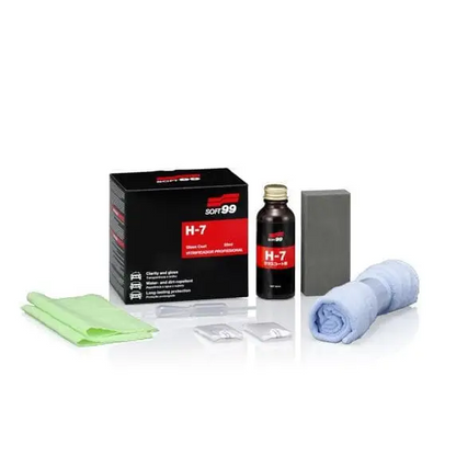 Kit completo de Sellador Cerámico H-7 Soft99 50ml con esponja y paño de aplicación.